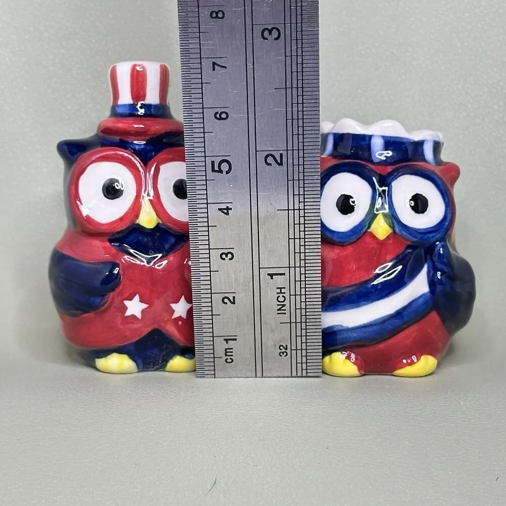 Patriotic Owl Salt & Pepper Shakers Ceramic Uncle Sam Stars Stripes 4th of July